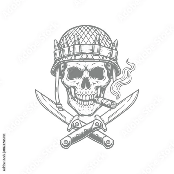 Fototapeta Gritty Military Skull Emblem with Crossed Knives and Cigar Design Illustration