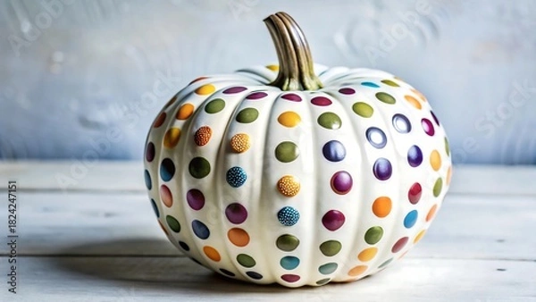 Fototapeta White pumpkin decorated with colorful polka dots, isolated on white background