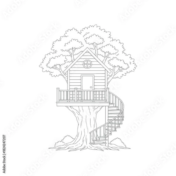 Fototapeta Whimsical Treehouse with Spiral Staircase Line Art Design Illustration