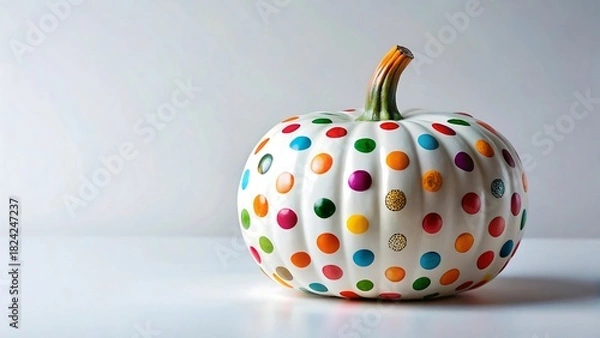 Fototapeta White pumpkin decorated with colorful polka dots, isolated on white background