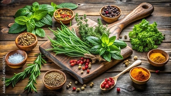 Fototapeta Fresh aromatic herbs and colorful spices arranged on a rustic wooden cutting board