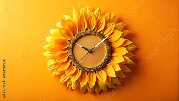 Obraz Vibrant sunflowershaped wall clock with orange and yellow petals on a warm background