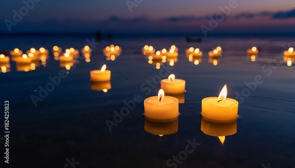 Obraz Floating candles illuminate dark water at dusk with reflections.