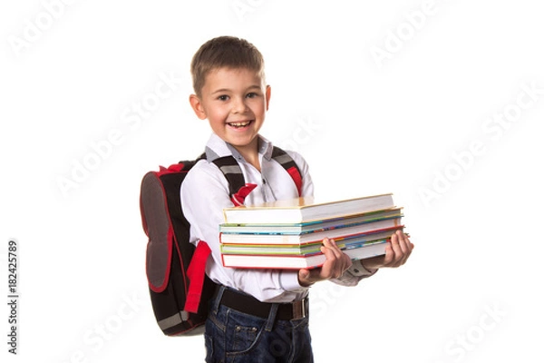 Obraz Smiling school boy with backpack holding notebooks, on white background