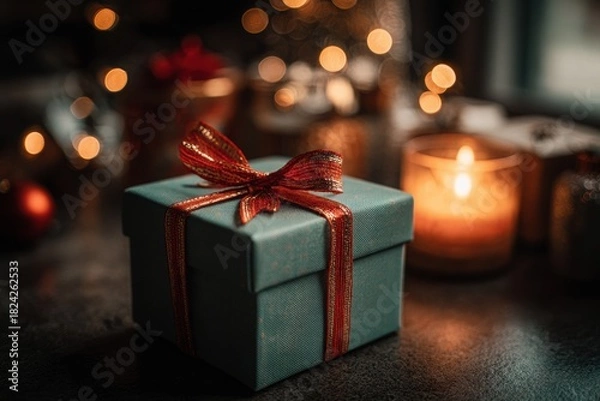 Fototapeta Green gift box with red bow placed on dark surface, surrounded by warm candlelight and festive decorations, creating a cozy holiday atmosphere for New Year and Christmas celebrations