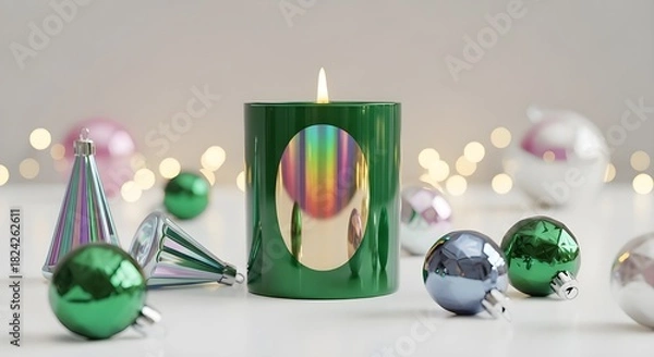 Obraz Luxury emerald candle with holographic gold reflections in a futuristic premium Christmas studio scene