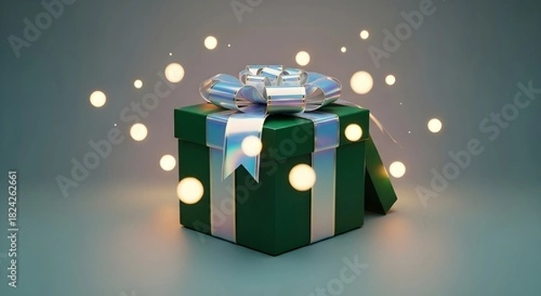 Obraz Emerald green gift box with iridescent holographic gold ribbon in a luxury modern holiday setup