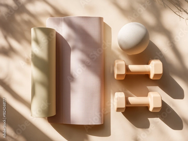 Fototapeta Modern Home Gym. Flatlay, softlight