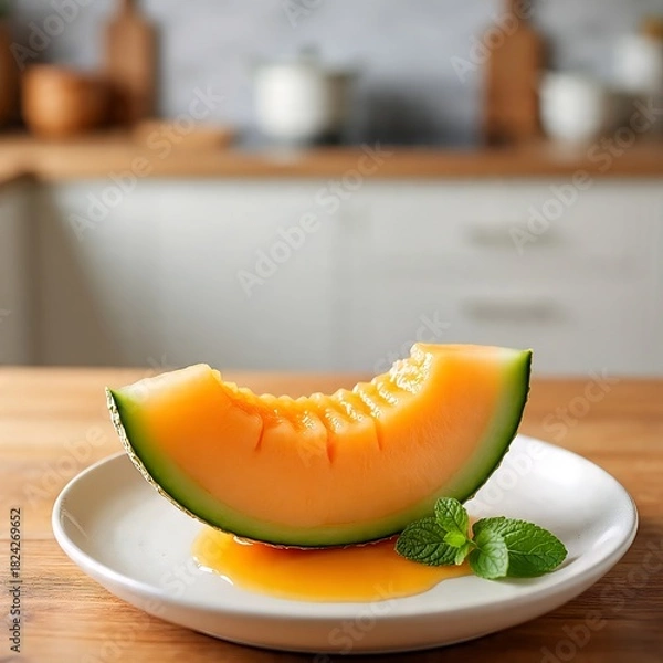 Obraz Juicy Cantaloupe Slice on White Plate with Mint Leaves