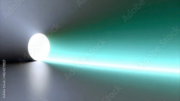 Fototapeta A bright, white sphere emits light from a dark tunnel, casting rays into a teal-colored space with a bright horizontal light beam.
