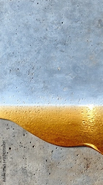 Fototapeta A close-up abstract shot of molten gold liquid flowing over a rough, textured concrete surface. The lighting is bright and creates a sense of luxury and contras