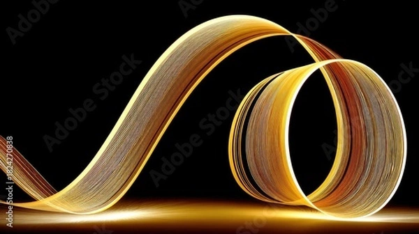 Fototapeta A flowing, luminous golden ribbon curves and loops against a dark black background. The ribbon is made of thin, parallel strands that create a textured effect.