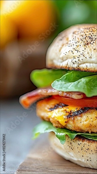 Fototapeta A close-up, side-view of a gourmet chicken burger. It features a toasted sesame seed bun, crisp lettuce, a thick grilled chicken patty, melted cheddar cheese, a