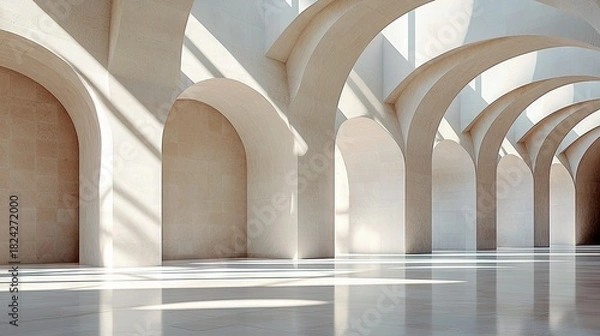Fototapeta An empty, grand hallway with repeating archways and columns, illuminated by dramatic sunlight casting long shadows on the polished floor. The architecture is mo