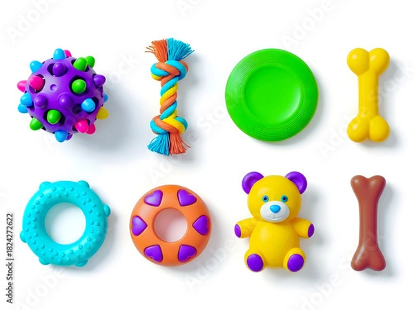 Obraz Y2k dog toy icons set – ball, rope, frisbee, bone, ring, plush, chew. 3D icon set