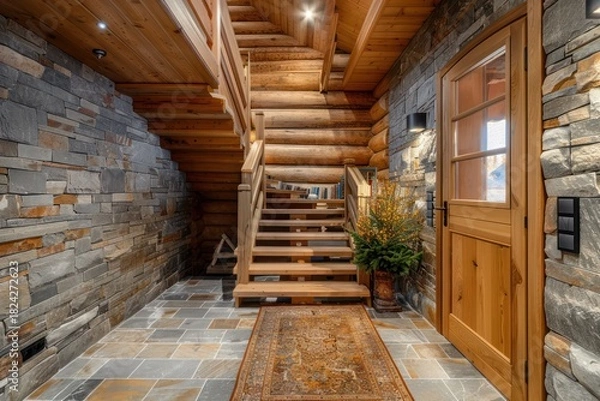 Fototapeta Rustic Hallway: Wooden Staircase and Stone Cladding Wall - Modern Entrance with Cozy Home Interior Design, Doorway Scene