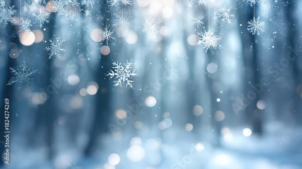 Fototapeta Abstract blurred background with snow, bokeh lights, pastel blue colors, white fluffy clouds, pine tree branches and ice crystals. Ideal for Christmas card or New Year poster design with copy space.