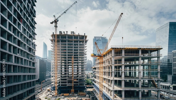 Obraz 高層ビルが建設される都市開発エリアのダイナミックな工事風景