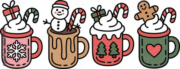 Obraz Kawaii Christmas Hot Cocoa Mugs Set – Cute Holiday Vector