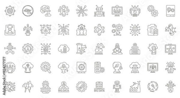 Fototapeta Collection of Line Art Icons Representing Artificial Intelligence and Technology Concepts.