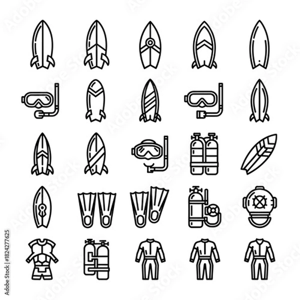 Fototapeta Collection of Line Art Icons Representing Water Sports and Diving Equipment.