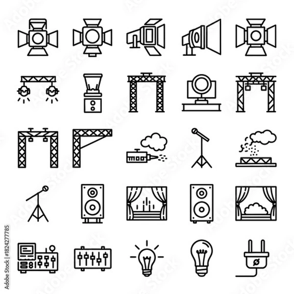 Fototapeta Collection of Line Art Stage Lighting and Equipment Icons for Entertainment Venues.