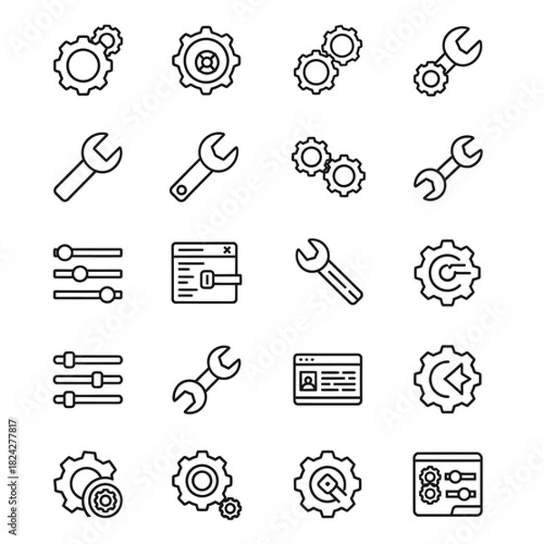 Fototapeta Collection of Line Icons Representing Mechanical Gears and Tools.