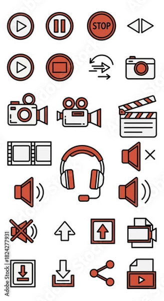 Fototapeta Collection of Media and Control Icons - Play, Pause, Stop, Camera, Sound, and More.
