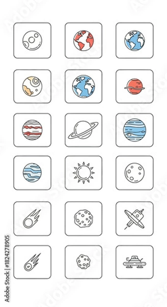 Fototapeta Collection of Hand-Drawn Planets and Celestial Bodies in Square Frames, Featuring Various Colors and Designs.