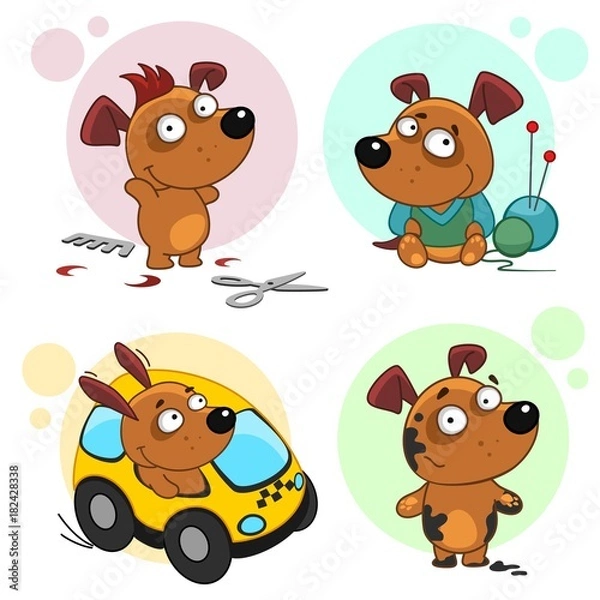 Obraz Collection of icons with dogs for design. A trimmed dog with a hairstyle with scissors and a comb, a dog in a knitted sweater, the dog goes to a taxi and a dog in dirty.