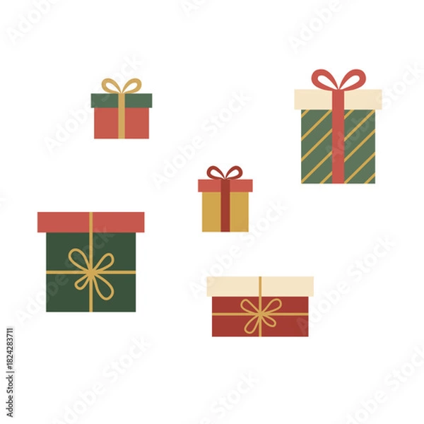 Obraz Christmas gift boxes vector collection. Festive holiday presents flat design set. Retro color seasonal decoration elements.