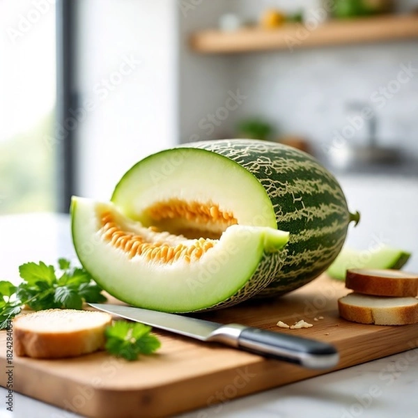Obraz Fresh Sliced Melon on Cutting Board with Knife in Bright Kitchen