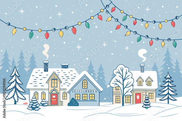 Obraz Snowy Village Skyline With Christmas Lights High-Quality Stock Image Perfect for Editorial Content