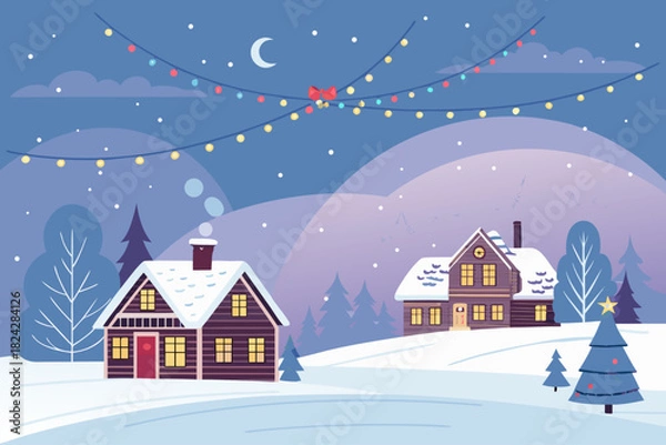 Obraz Elegant Snowy Village Skyline With Christmas Lights Premium Digital Asset