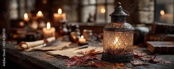 Fototapeta Antique lit lantern on rustic table with vintage decor and falling leaves