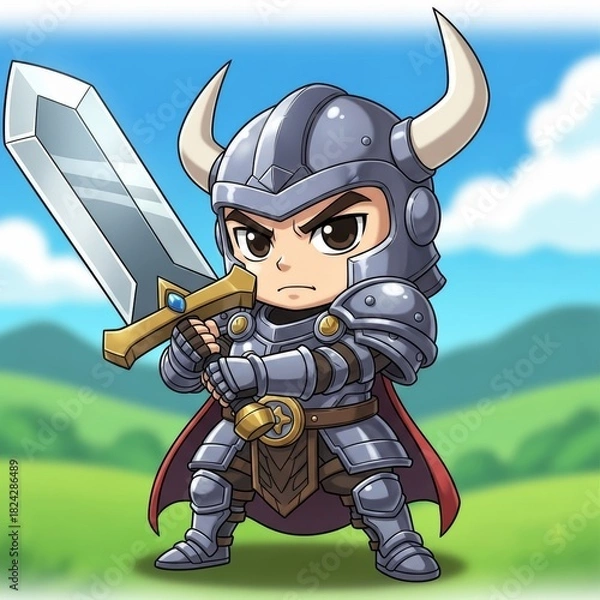 Obraz Chibi Character Warrior with Sword and Determined Expression