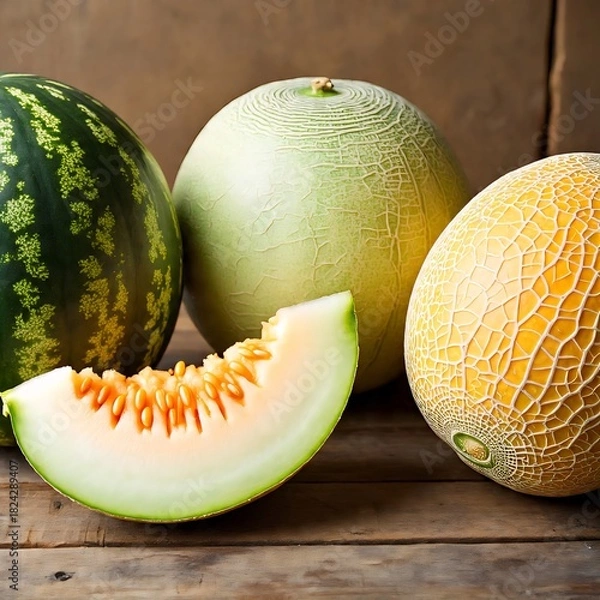 Obraz Variety of Melons with Fresh Cantaloupe Slice on Rustic Wooden Table