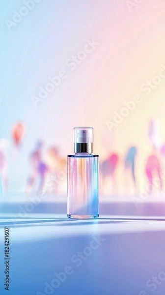 Fototapeta A clear glass perfume bottle with a silver pump dispenser sits on a reflective surface. The bottle displays iridescent colors, reflecting a soft pastel backgrou