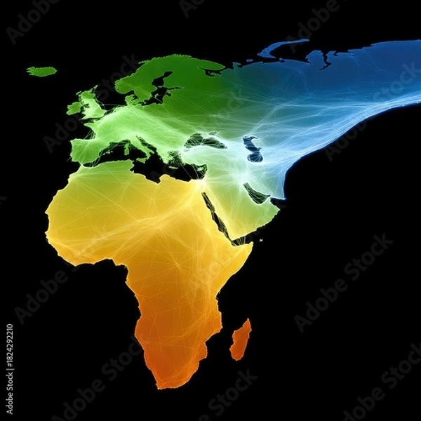 Fototapeta A stylized map of Europe, Africa, and the Middle East is depicted with vibrant, glowing light trails representing global connections. The continents are colored