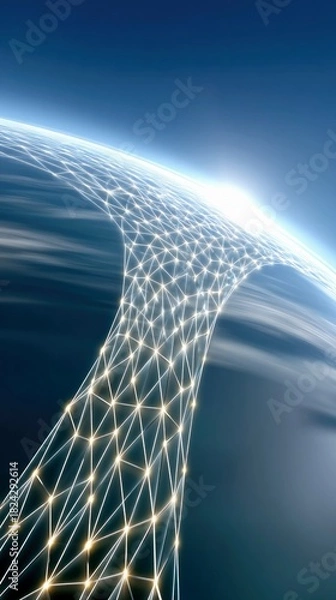 Fototapeta A digital network overlaying the curved surface of the Earth, with a bright sunrise on the horizon and a blue sky.