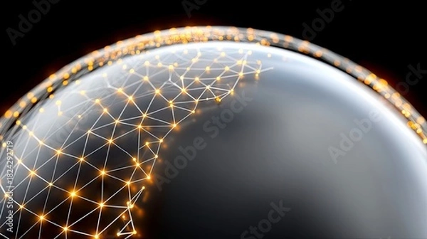 Fototapeta A close-up, abstract view of a reflective sphere with a glowing network of lines and interconnected orange orbs across its surface, set against a dark backgroun