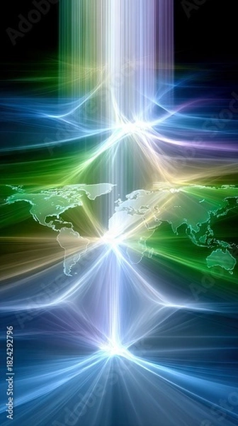Fototapeta Abstract visualization of global connectivity and data flow, featuring a world map overlaid with radiant beams of light in blue, green, and purple hues against