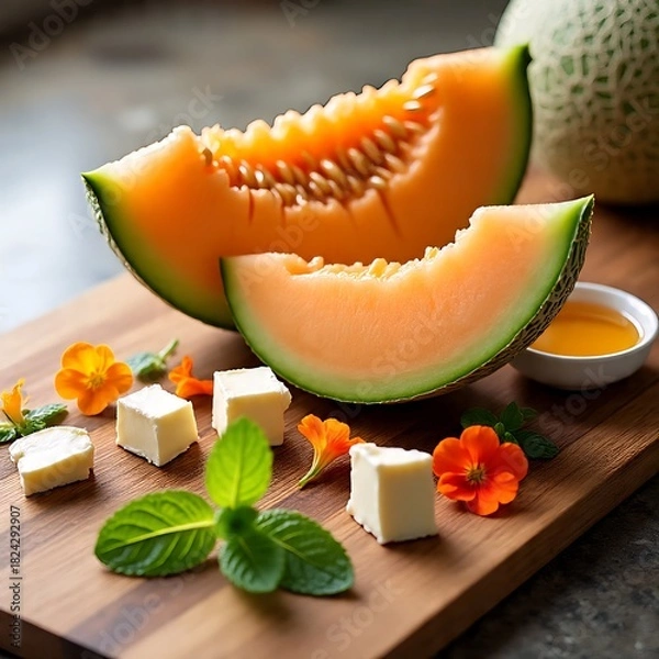 Obraz Cantaloupe Melon Slices with Cheese Cubes and Edible Flowers