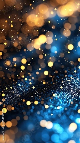 Fototapeta Abstract background with out-of-focus golden and blue lights, creating a magical and festive atmosphere.