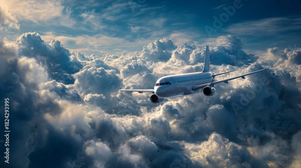 Obraz A white passenger airplane flying above the clouds, against a blue sky background, in a photorealistic style.