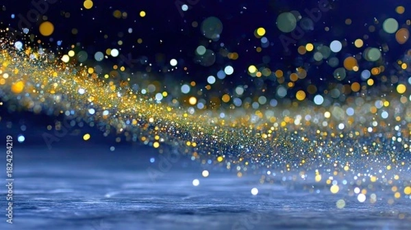 Fototapeta A dark blue background with a swirling stream of golden and white glittering particles, creating a magical and festive atmosphere. Out-of-focus bokeh lights add