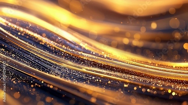 Fototapeta An abstract background featuring flowing golden light streaks and shimmering bokeh particles against a dark, textured surface, creating a sense of luxury and mo
