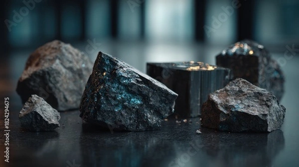 Fototapeta Geological Gathering: An assemblage of rugged rocks and gemstones, carefully arranged to showcase the earth's natural artistry. Highlighting the diversity and beauty of geological wonders.