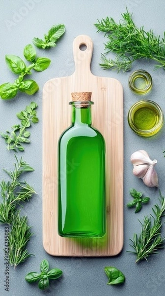 Fototapeta A green glass bottle with a cork stopper sits on a wooden cutting board, surrounded by fresh herbs like rosemary, basil, and mint, along with a bulb of garlic a