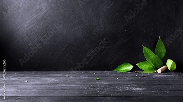 Fototapeta A close-up of fresh green leaves, peppercorns, and a wooden pestle on a dark, textured wooden surface against a dark, scratched background. The lighting is dram